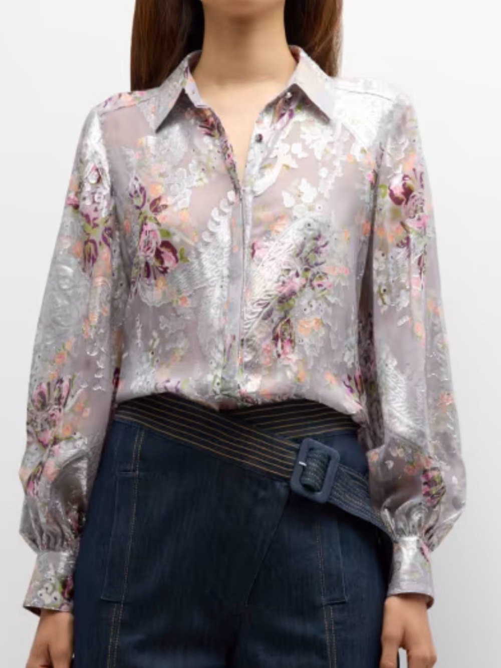 CINQ A SEPT SILVER SHIMMER CLAUDETTE FLORAL KANDICE BLOUSE WOMENS SZ LARGE